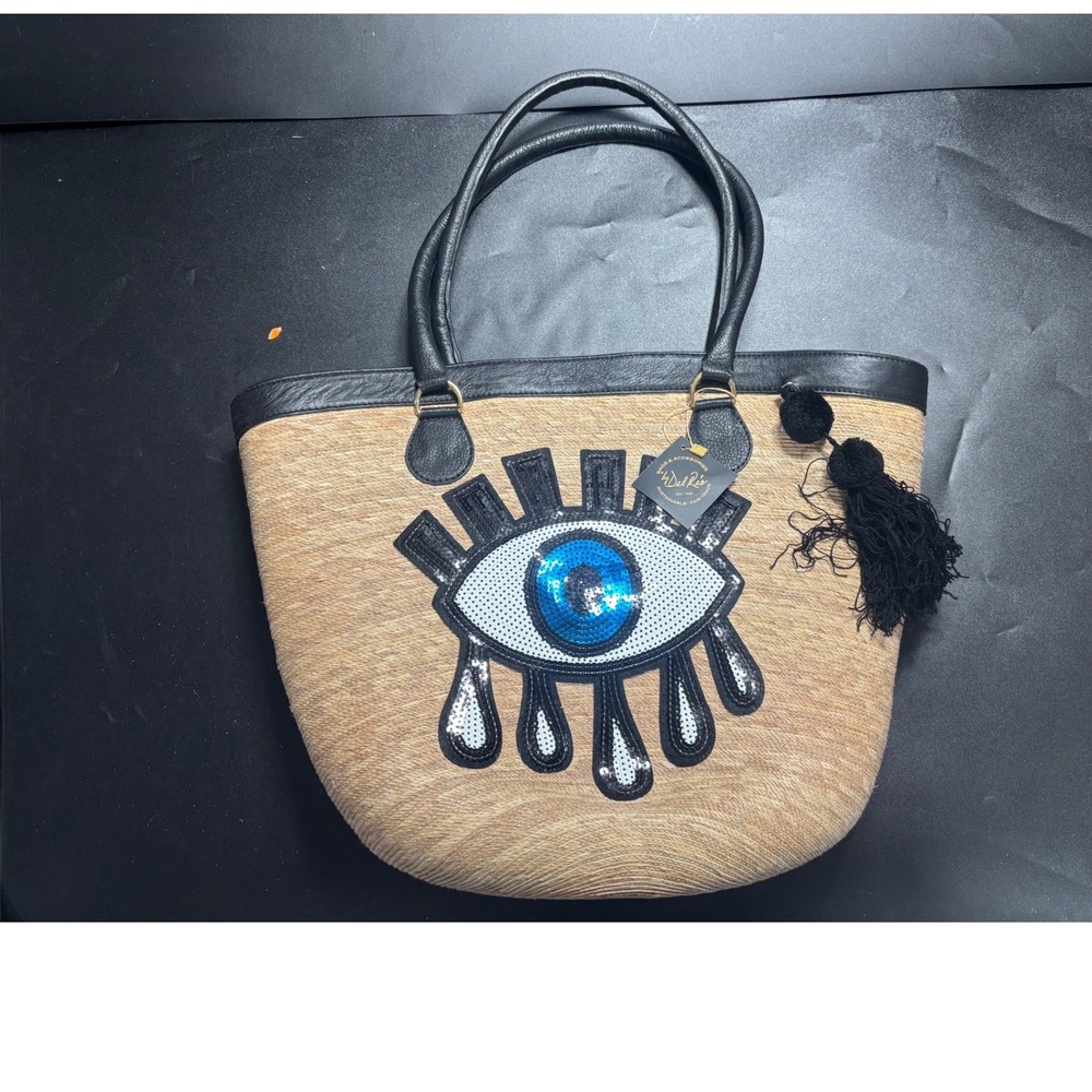 By Del Rio Evil Eye Sequin Round Straw Tote Bag Boho Basket Purse Tassel Tan Blk
